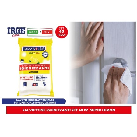 Salviette multiuso igienizzanti e sgrassanti per superfici.  Confezione da 40 salviette.
